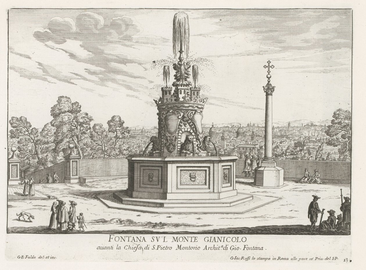 Fontein op Piazza San Pietro i Montorio op de Janiculumberg te Rome Fontän på berget Gianicolo (titel på objekt) Fontäner i Rom (serietitel) Fonteinen van Rome (serietitel) av Giovanni Battista Falda