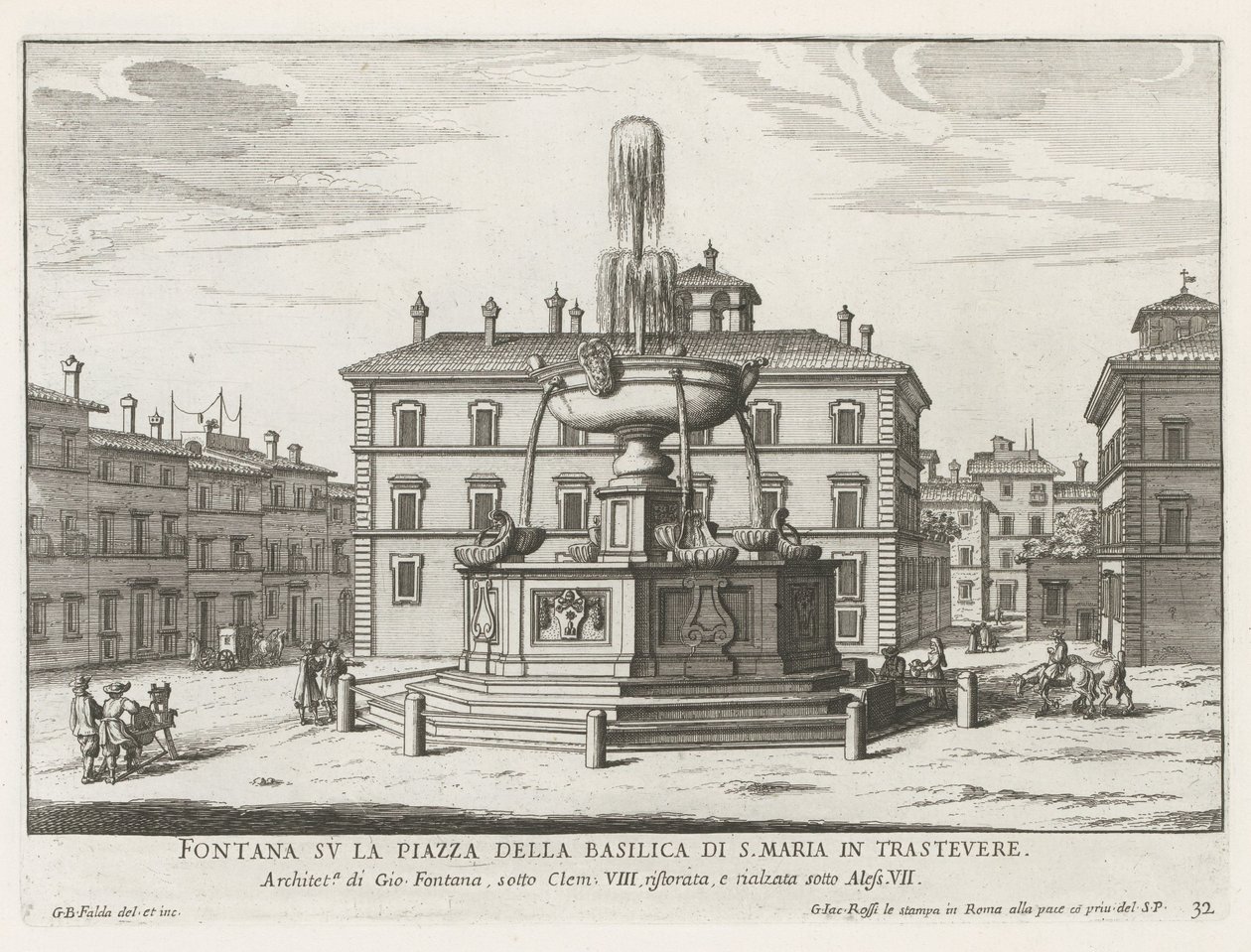 Fontein på Piazza Santa Maria in Trastevere Fontän på torget i basilikan S. Maria in Trastevere (titel på objektet) Fontäner i Rom (serietitel) Fonteinen van Rome (serietitel) av Giovanni Battista Falda