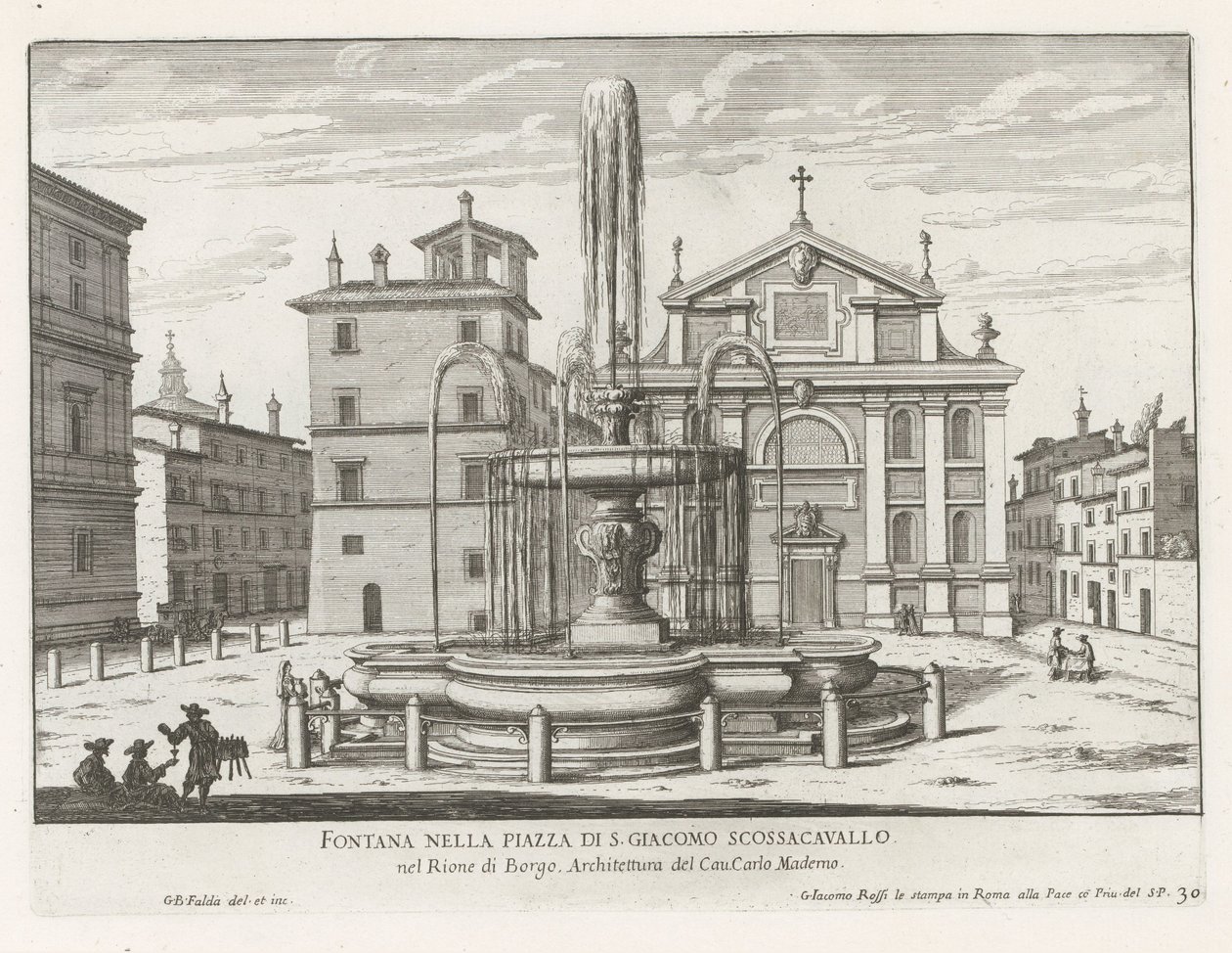 Fontein på Piazza Scossacavalli i Rom Fontän på Piazza di S. Giacomo Scossacavallo (titel på objekt) Fontäner i Rom (serietitel) Fonteinen van Rome (serietitel) av Giovanni Battista Falda