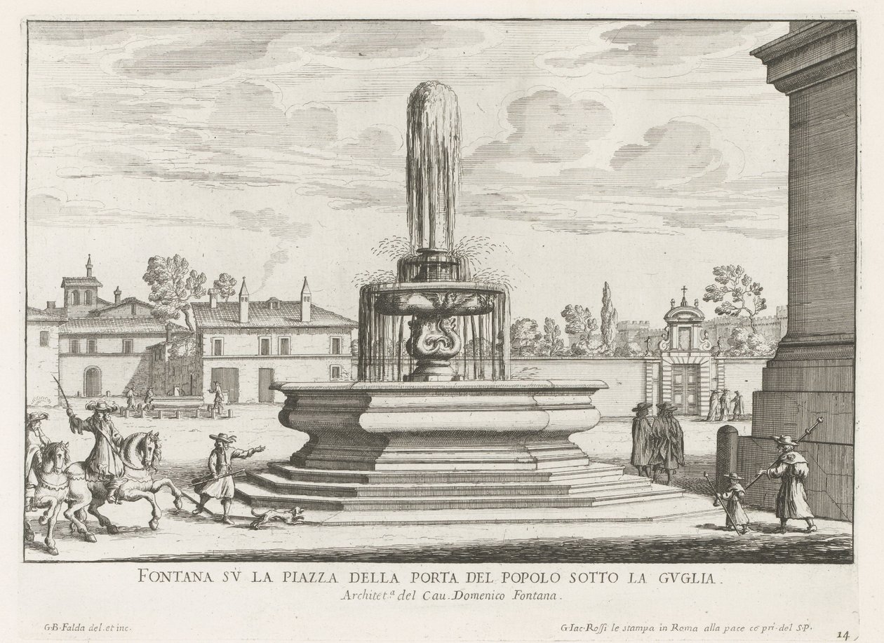 Fontein på Piazza del Popolo i Rom Fontän på Piazza della Porta del Popolo under spiran (titel på objektet) Fontäner i Rom (serietitel) Fonteinen van Rome (serietitel) av Giovanni Battista Falda