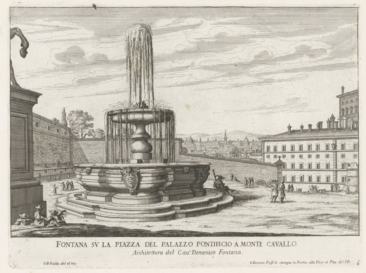 Fontein på Piazza del Quirinale i Rom Fontän på torget i det påvliga palatset i Monte Cavallo (titel på objektet) Fontäner i Rom (serietitel) Fonteinen van Rome (serietitel) av Giovanni Battista Falda
