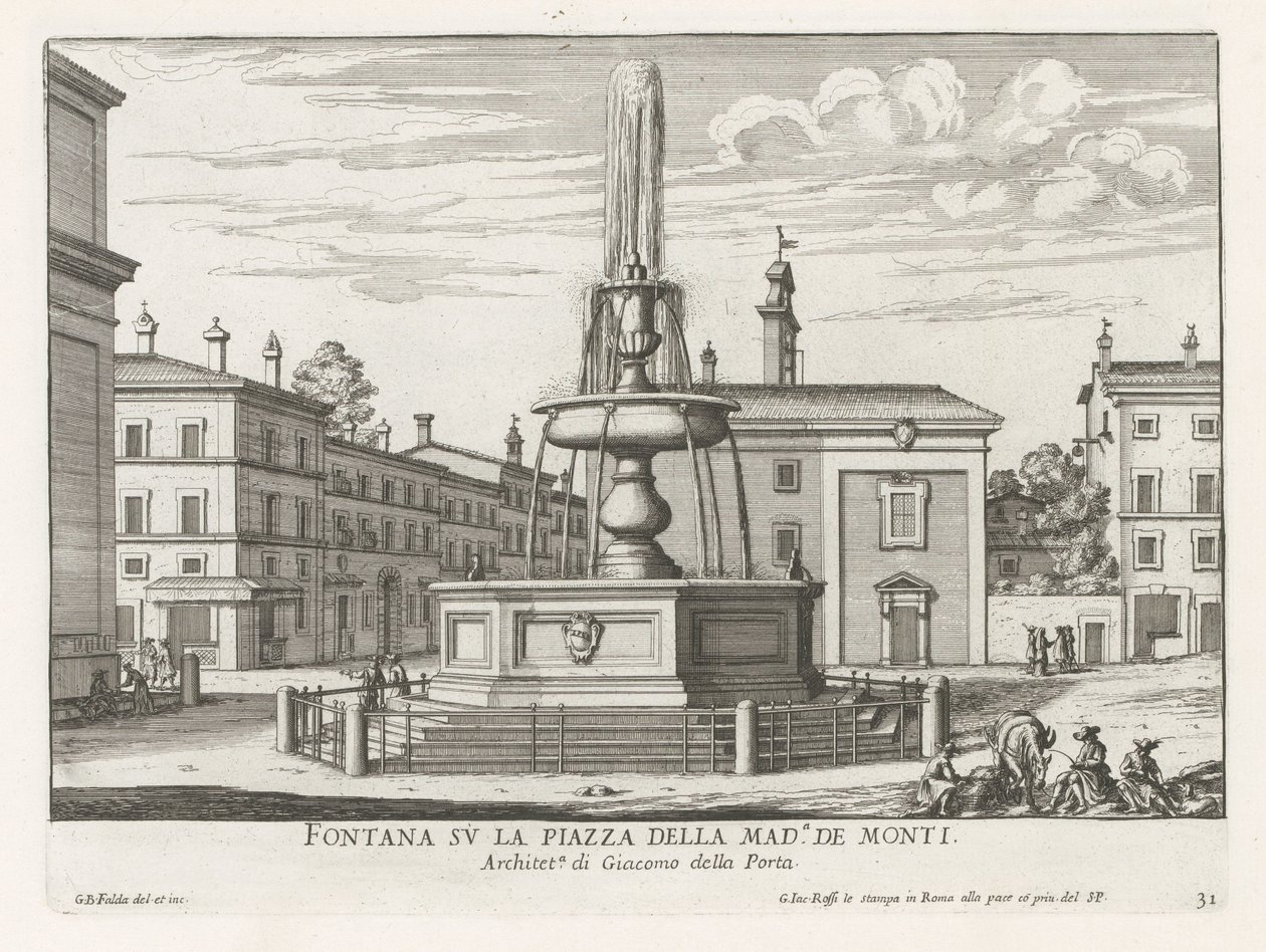Fontein på Piazza della Madonna dei Monti te Rome Fontän på Piazza della Mad.a de Monti (titel på objekt) Fontäner i Rom (serietitel) Fonteinen van Rome (serietitel) av Giovanni Battista Falda