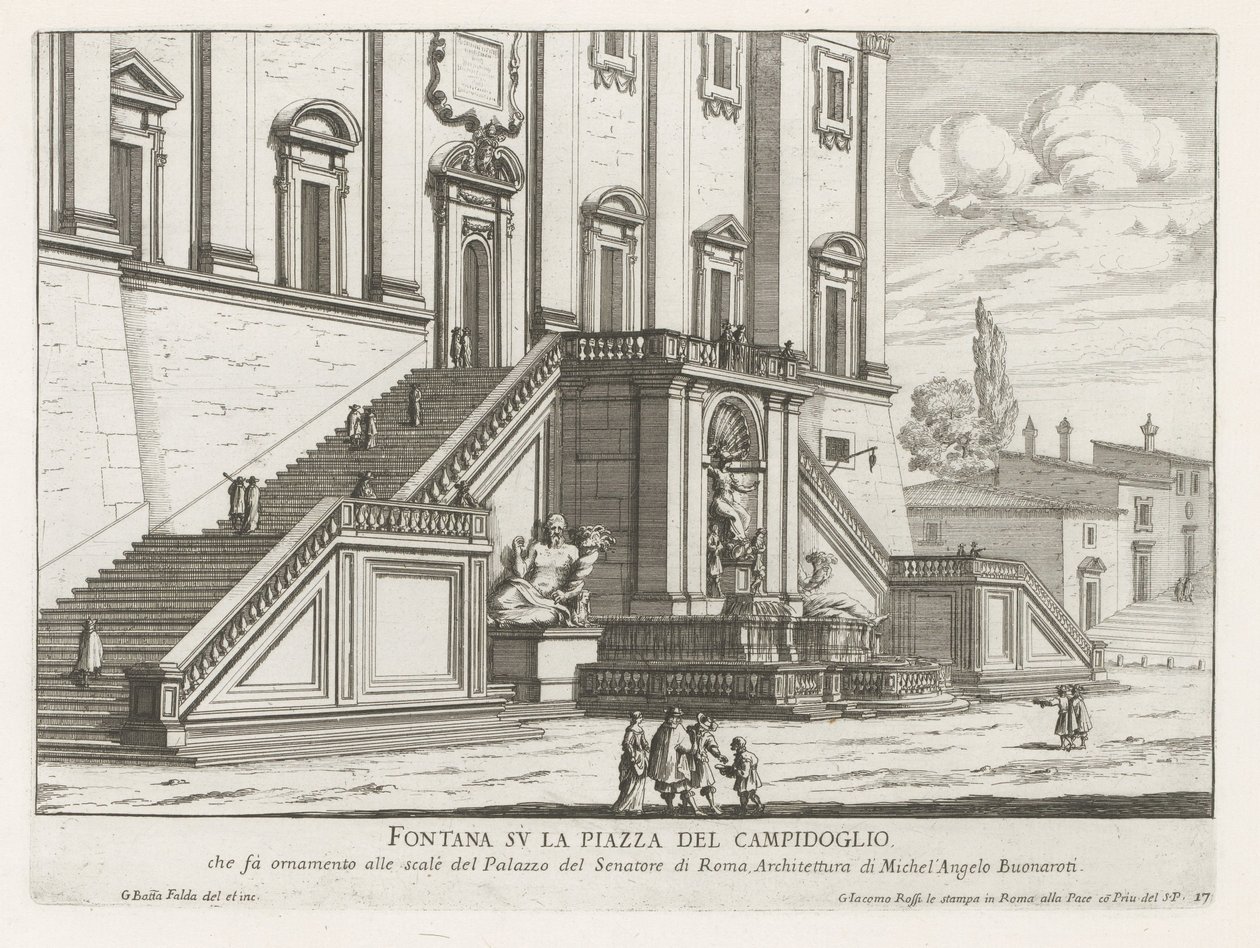 Fontän framför Palazzo Senatorio på Capitolium i Rom Fontana su la Piazza del Campidoglio (titel på objekt) Fontane di Roma (serietitel) Fontäner i Rom (serietitel) av Giovanni Battista Falda