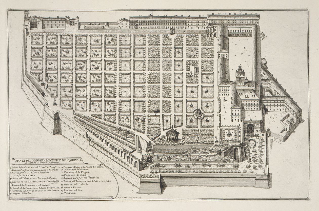 Påvliga trädgården och Quirinale-palatset, från Il Nuovo Teatro della Fabriche et Buildings in Perspective of Modern Rome, publicerad ca 1665-69 (se även 172928) av Giovanni Battista Falda