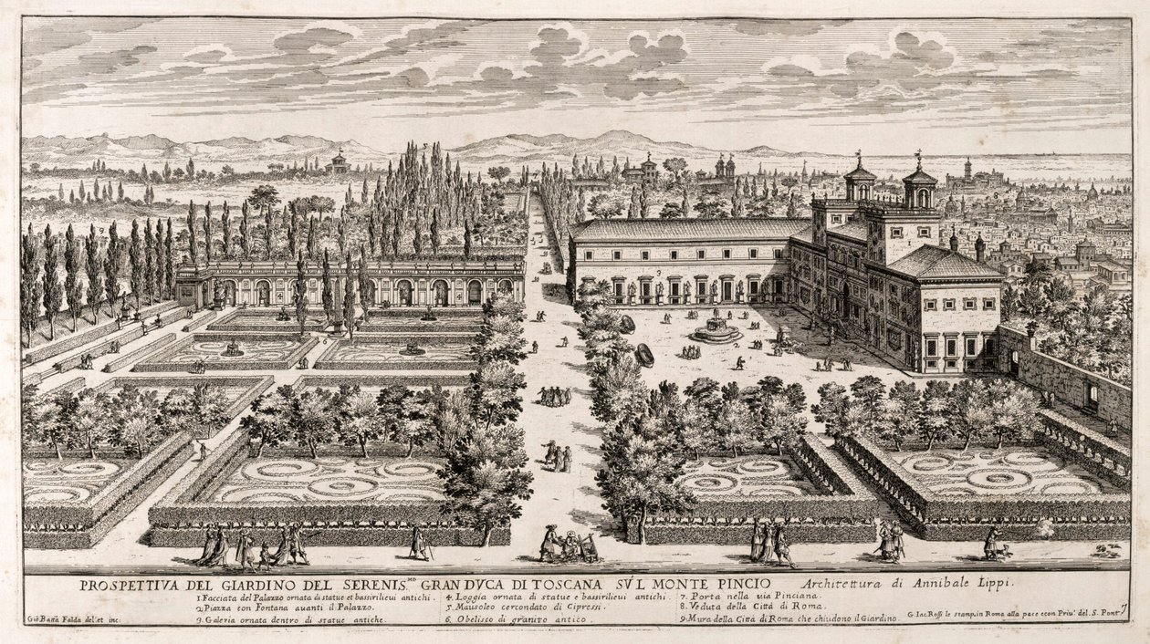 Perspektiv av trädgårdarna i Villa Medici i Rom, gravyr från Li Giardni (Trädgårdarna) av Giovanni Battista Falda (1640 eller 1643-1678) av Giovanni Battista Falda