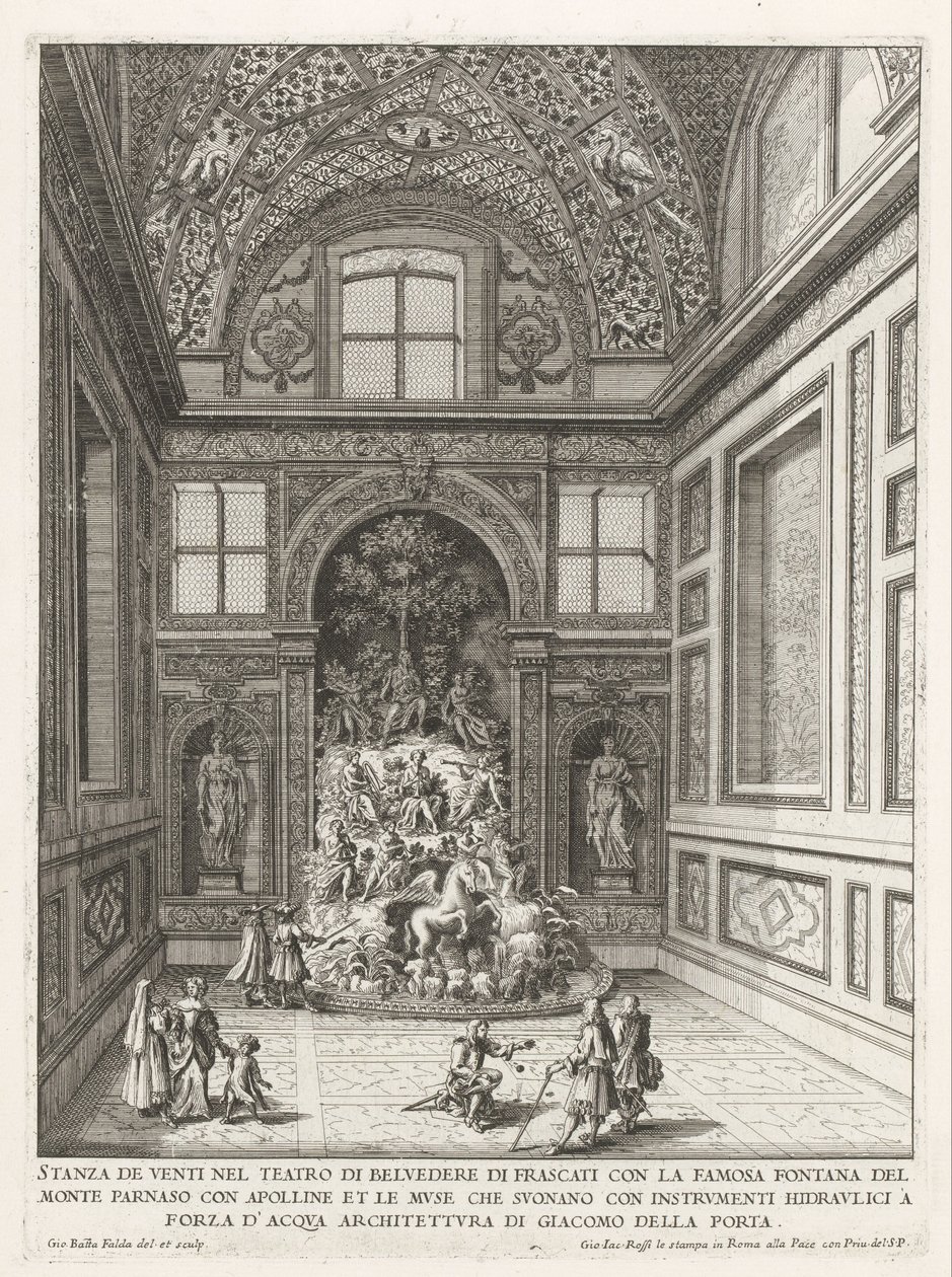 Vindarnas rum i trädgården av Villa Aldobrandini te Frascati Rum med tjugo i Belvedere Theatre i Frascati (...) (titel på objekt) Fontänerna i Frascati-villorna (serietitel) Fonteinen van Frascati (serietitel) av Giovanni Battista Falda