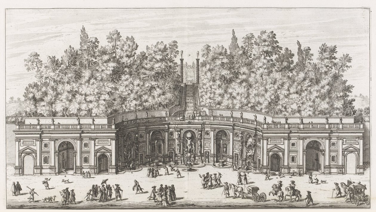 Teatro delle Acque i trädgården av Villa Aldobrandini te Frascati Utsikt och höjd över det stora Teatro dell