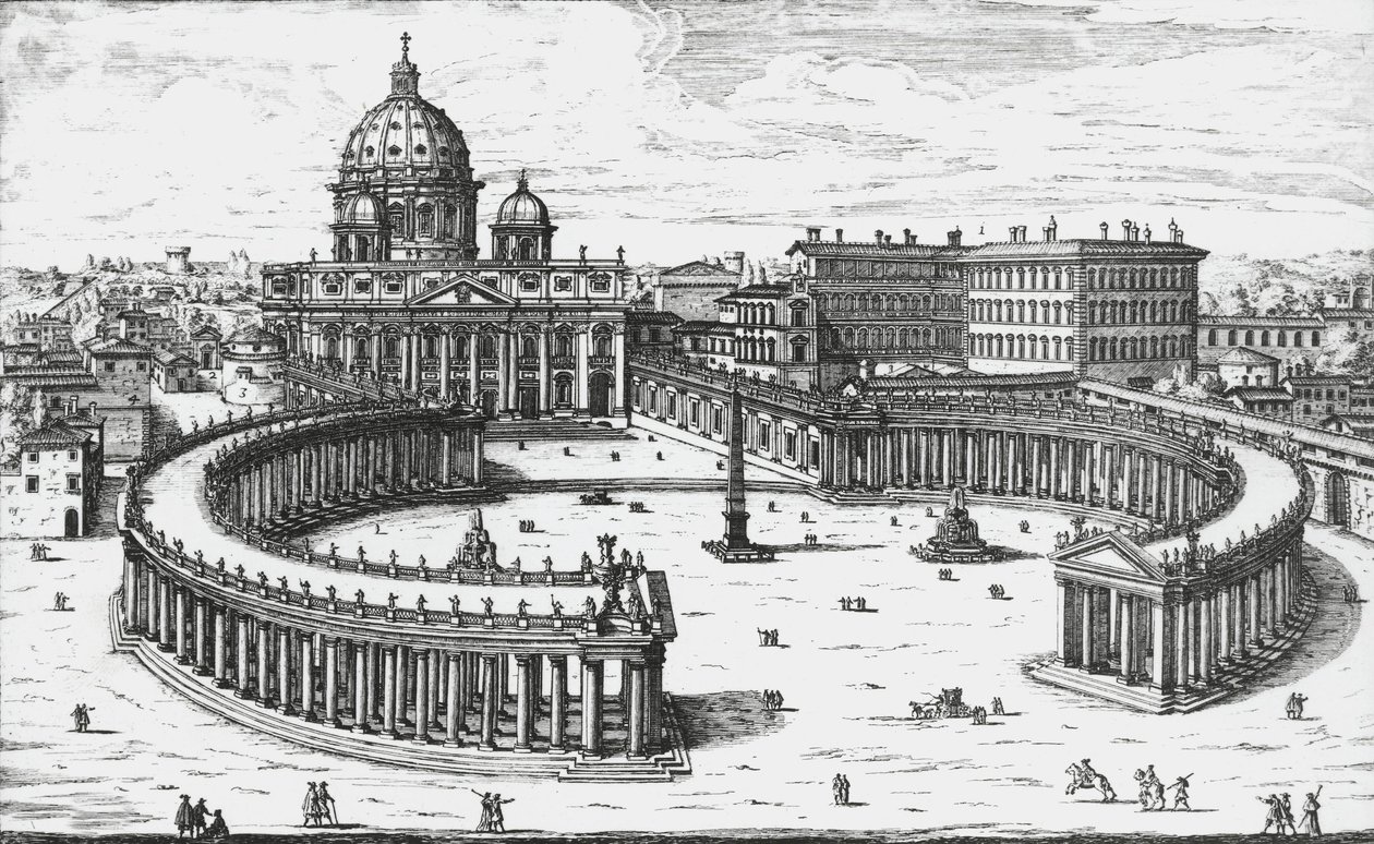 Vatikanstaten, utsikt över Piazza San Pietro med Peterskyrkan och Vatikanpalatsen, gravyr av Giovanni Battista Falda. 1665 av Giovanni Battista Falda