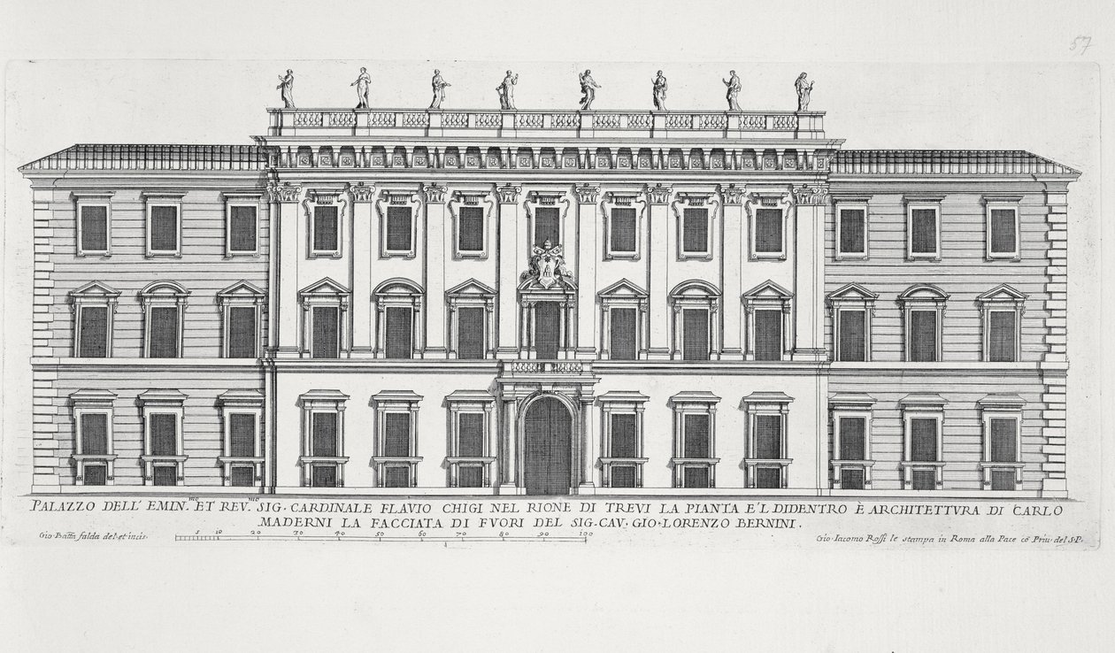 Utsikt över fasaden på Palazzo Chigi, Rom designad av Matteo di Castello, Carlo Maderno (1556-1629) och Giovanni Bernini (1598-1680) av Giovanni Battista Falda