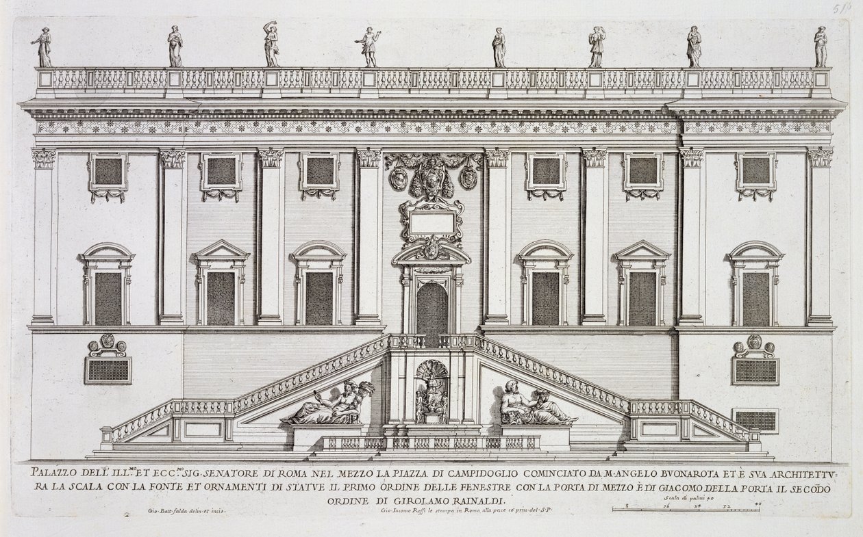 Vy över fasaden av Palazzo Senatorio på Piazza del Campidoglio, Rom, påbörjad av Michelangelo Buonarroti (1475-1564) och färdigställd av Girolamo Rainaldi (1570-1655) av Giovanni Battista Falda