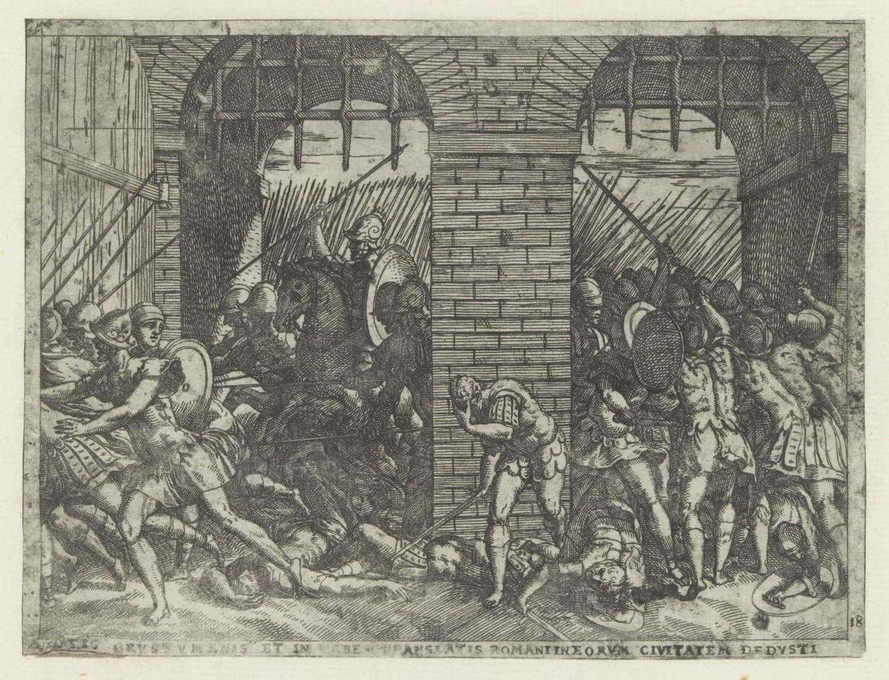 Romeinse soldaten vallen Crustumerium binnen Offret för Crustumeni (...) berövats sitt medborgarskap (titel på föremål) Leven van Romulus en Remus (serietitel) av Giovanni Battista Fontana
