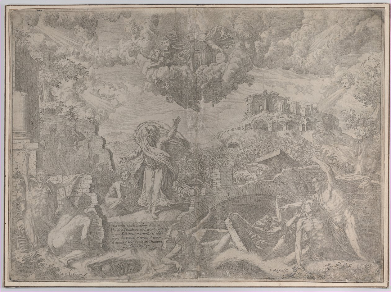 Hesekiels syn, med de döda som reser sig och sätter på sig sitt kött, Gud Fadern abo..., 1579. av Giovanni Battista Fontana