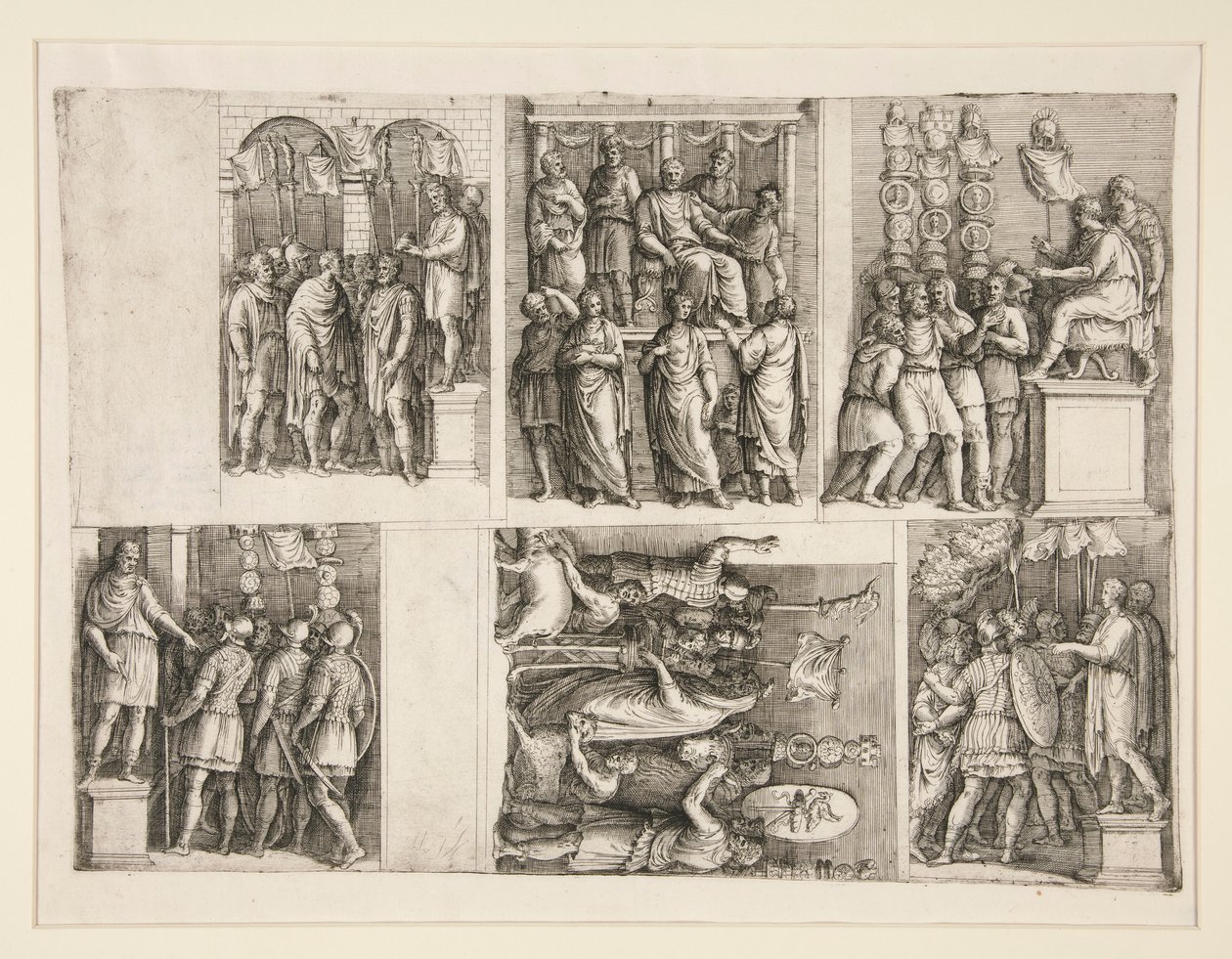 Sex vinjetter från Trajanus liv av Giovanni Battista Franco (called Il Semolei)