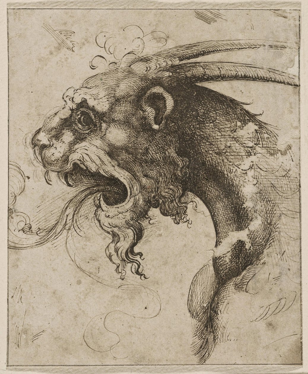 Huvud av en Chimera par Franco (kallad Semolei) (penna, brunt indisk bläck på papper) av Giovanni Battista Franco