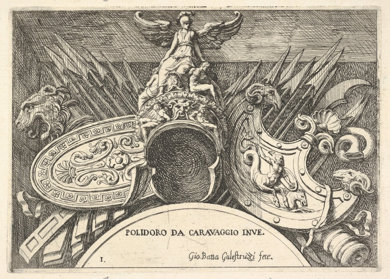 Plåt 1: troféer av romerska vapen från dekorationer ovanför fönstren på andra våningen ..., 1656-58. av Giovanni Battista Galestruzzi