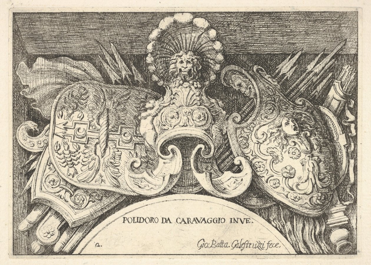 Plåt 2: troféer av romerska vapen från dekorationer ovanför fönstren på andra våningen ..., 1656-58. av Giovanni Battista Galestruzzi