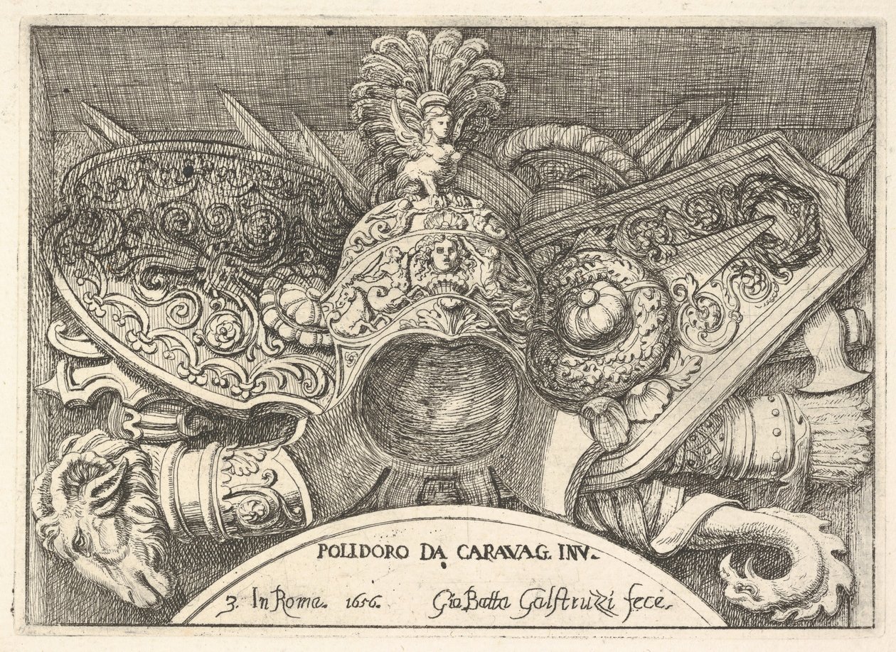Plåt 3: troféer av romerska vapen från dekorationer ovanför fönstren på andra våningen av ..., 1656. av Giovanni Battista Galestruzzi