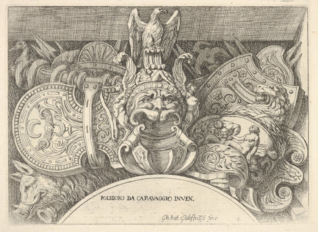 Plåt 4: troféer av romerska vapen från dekorationer ovanför fönstren på andra våningen ..., 1656-58. av Giovanni Battista Galestruzzi