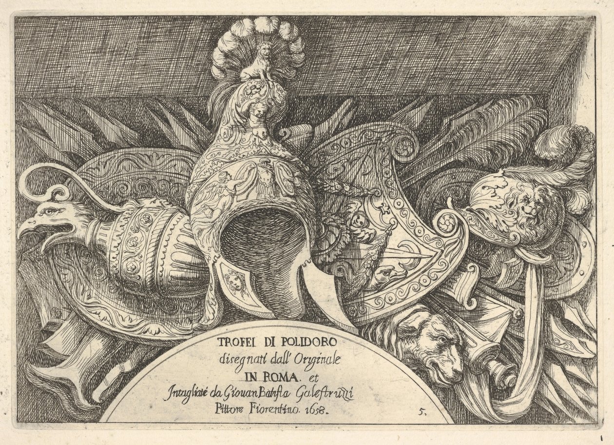 Plåt 5: troféer av romerska vapen från dekorationer ovanför fönstren på andra våningen av ..., 1658. av Giovanni Battista Galestruzzi