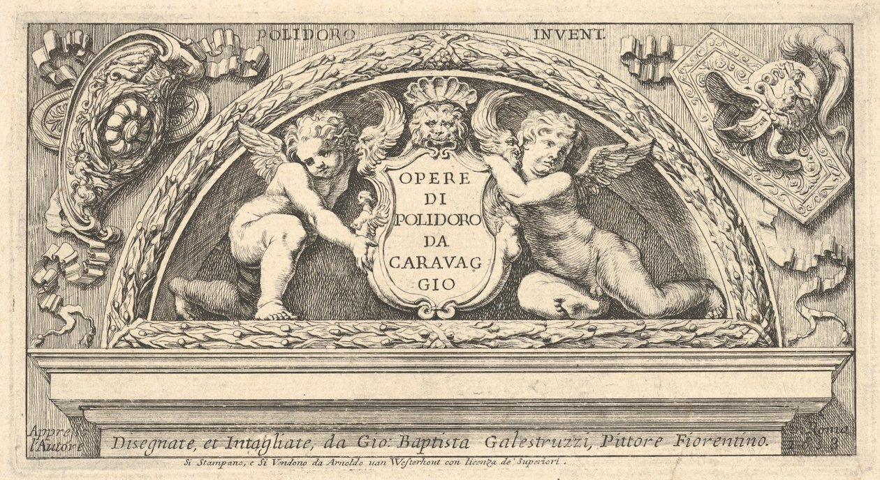 Titelskylt till serie av tryck efter Poloidoro, titel på en sköld uppburen av två putti, 1658. av Giovanni Battista Galestruzzi