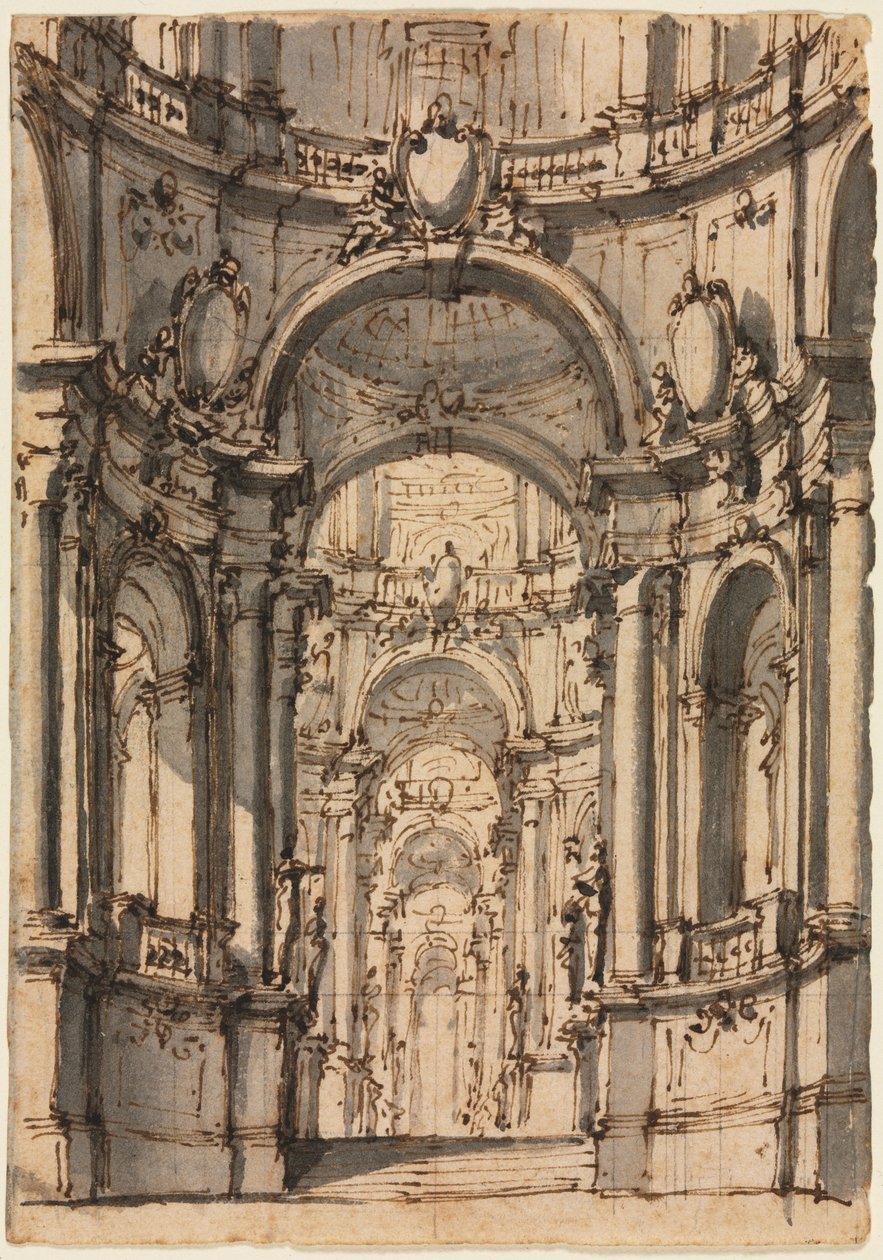 Design för en scen: Interiör av ett palats med arkader, mitten av 1700-talet. av Giovanni Battista III Natali