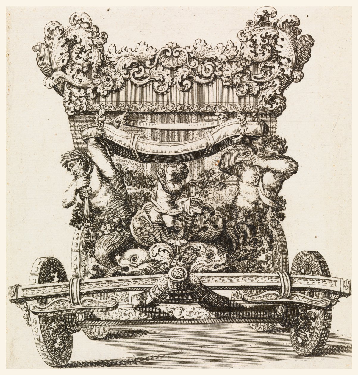 Framifrån av den första vagnen (1686 av Lord Castlemaine av Andrea Cornelly efter Ciro Ferri, 1687-1700 av Giovanni Battista Lenardi