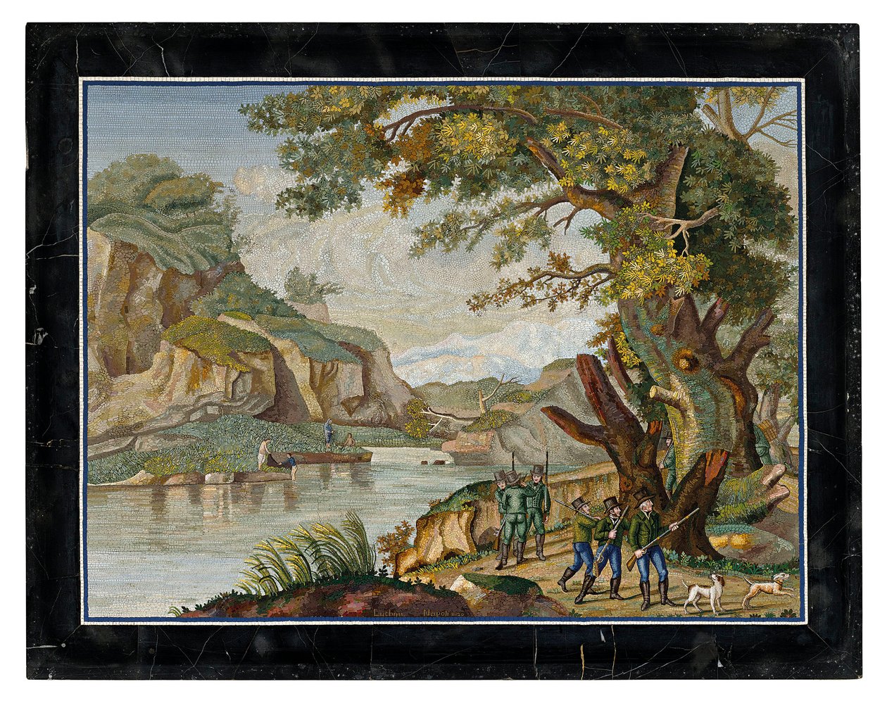 En italiensk mikromosaikbild av en skjutningsfest i ett flodlandskap av Giovanni Battista Luchini