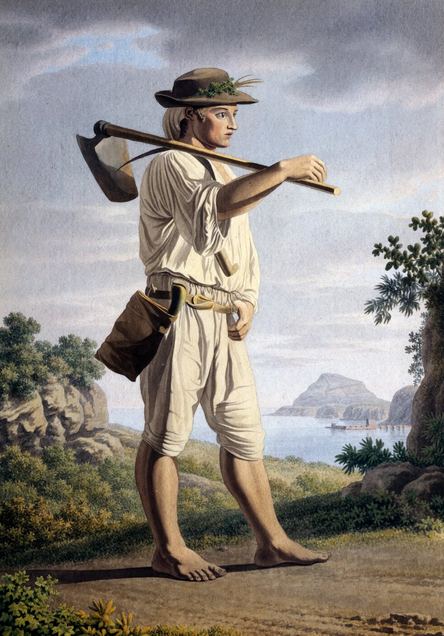 Bonde i bakgrunden av Campi Flegrei, av Giovan Battista Lusieri (ca 1755-1821), akvarell på papper, 32x23 cm, Italien av Giovanni Battista Lusieri