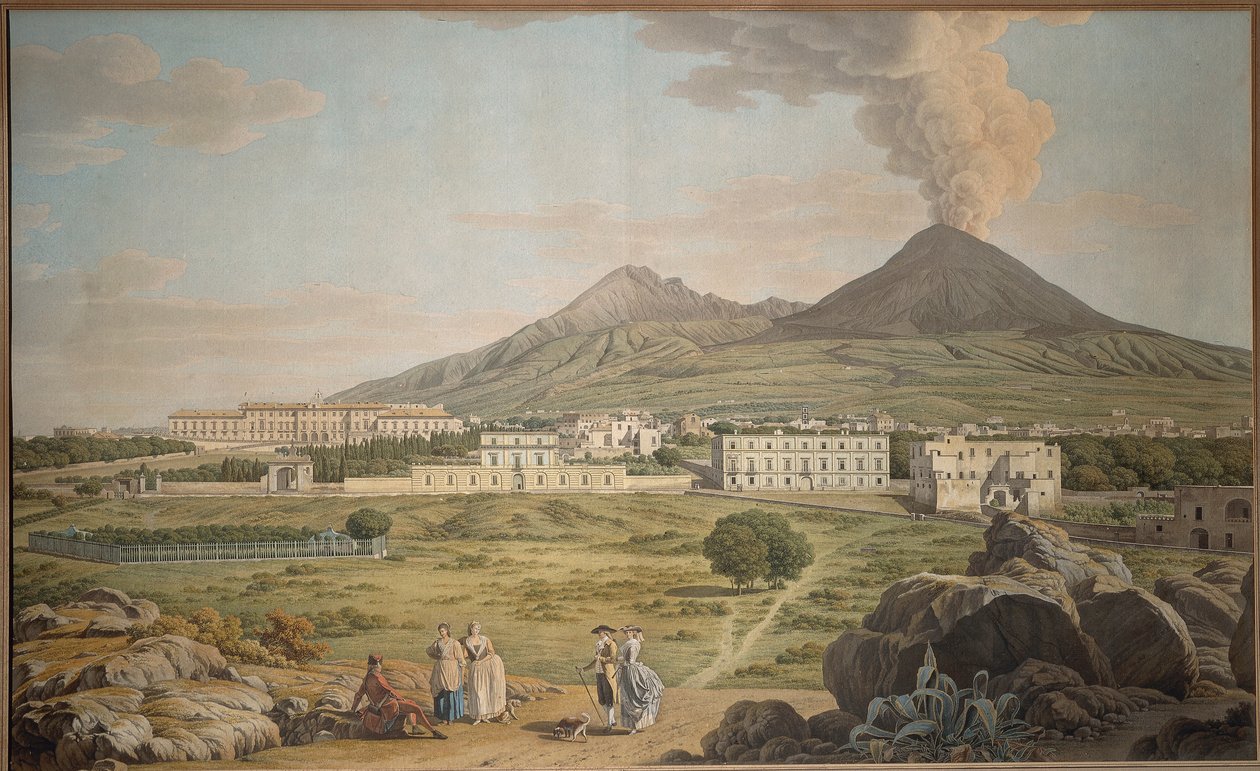 Vesuvius sluttningar från Portici med utsikt över Bourbonpalatset, av Giovan Battista Lusieri, gouache. av Giovanni Battista Lusieri