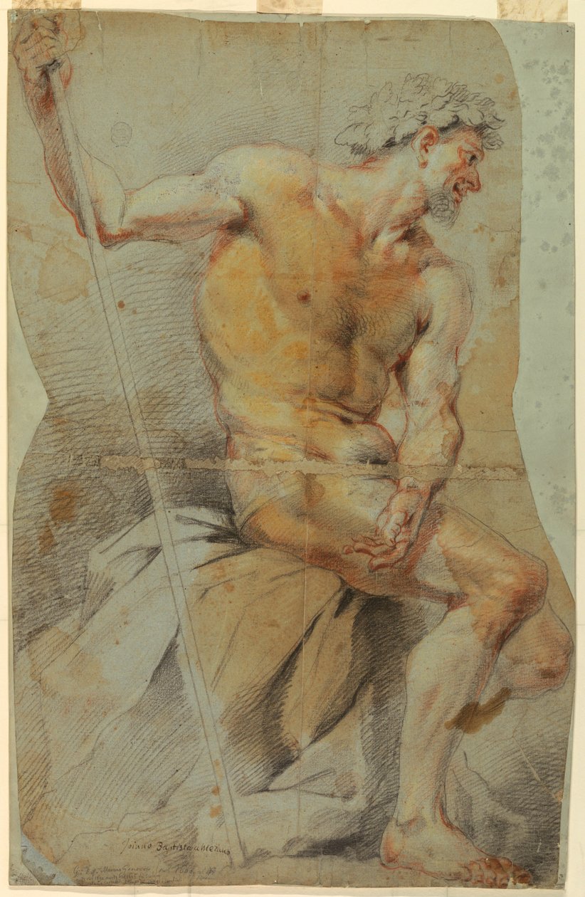 Teckning, studie av en naken äldre man, Bacchus eller någon av hans följeslagare, 1660-70 av Giovanni Battista Merano
