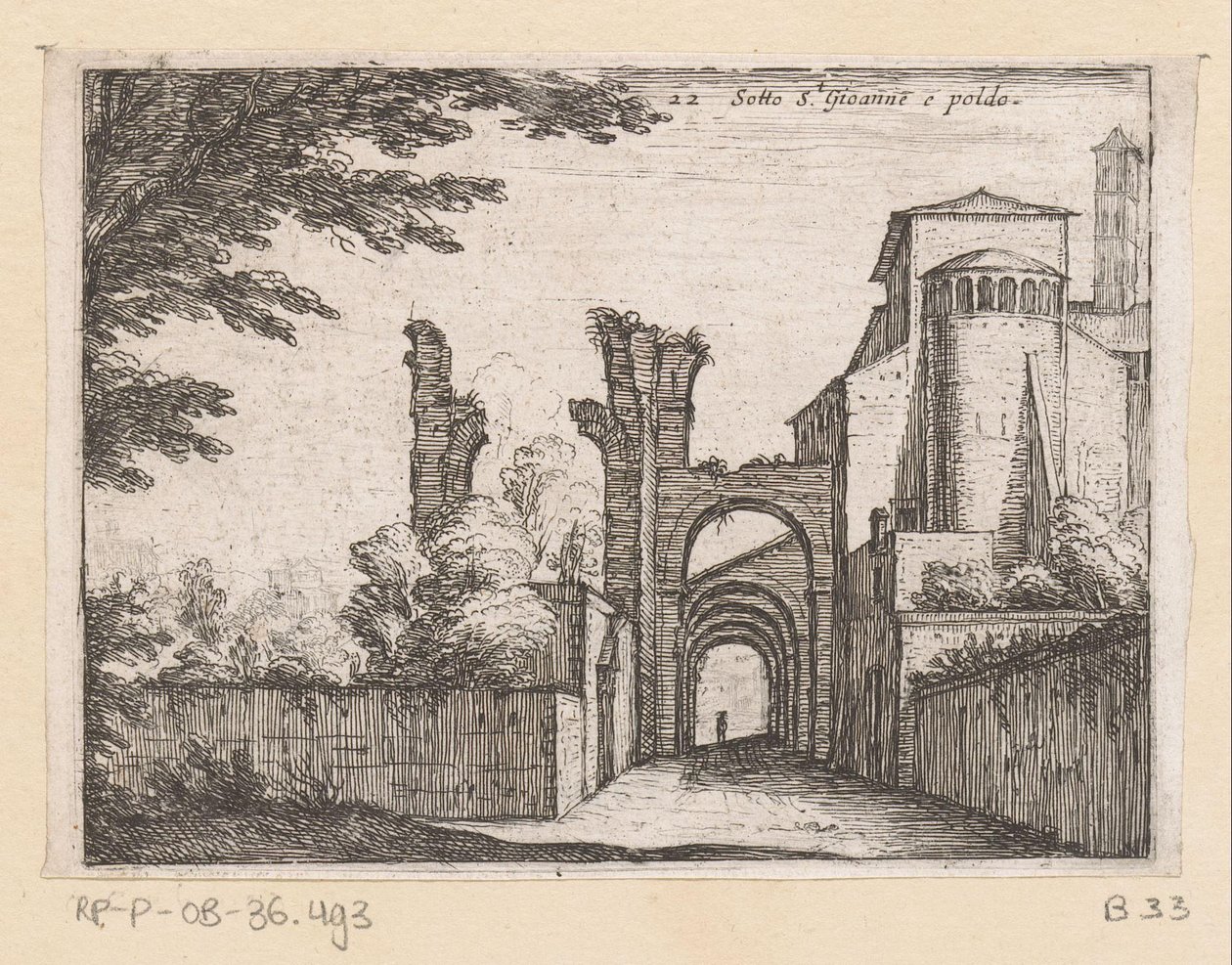Clivus Scauri i Santi Giovanni och Paolo Sotto S.t Gioanne e poldo (titel på objekt) Gezichten op Rome (serietitel) Några vyer och perspektiv på obebodda platser i Rom (serietitel) av Giovanni Battista Mercati