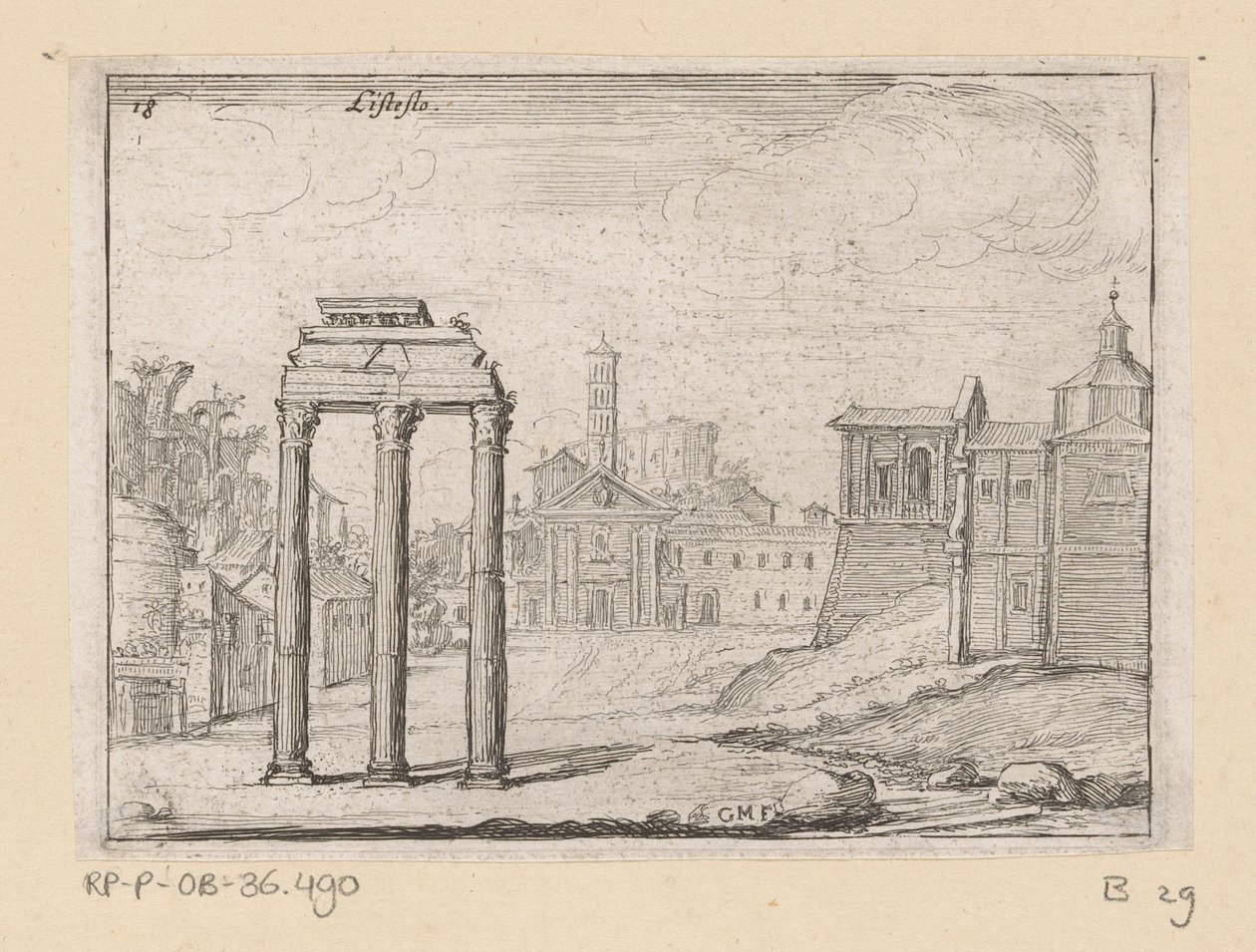 Utsikt över Forum Romanum i Rom Listesso (titel på objekt) Utsikt över Rom (serietitel) Alcune vedute et prospettive di luoghi dishabitati di Roma (serietitel) av Giovanni Battista Mercati