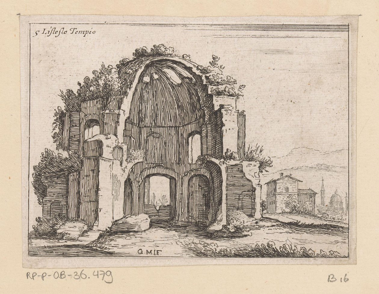 Rester av Temple of Minerva Medica i ett landskap Listesso Tempio (titel på objekt) Utsikt över Rom (serietitel) Alcune vedute et prospettive di luoghi dishabitati di Roma (serietitel) av Giovanni Battista Mercati
