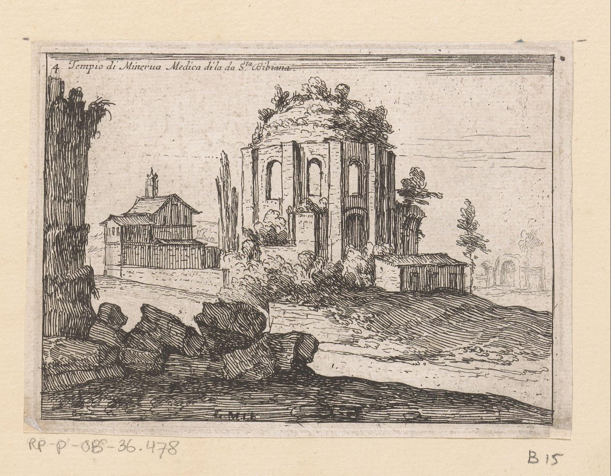 Resten van de Tempel van Minerva Medica i ett landskap Temple of Minerva Medica di la da S.ta Bibiana (titel på objekt) Gezichten op Rome (serietitel) Några vyer och perspektiv på obebodda platser i Rom (serietitel) av Giovanni Battista Mercati