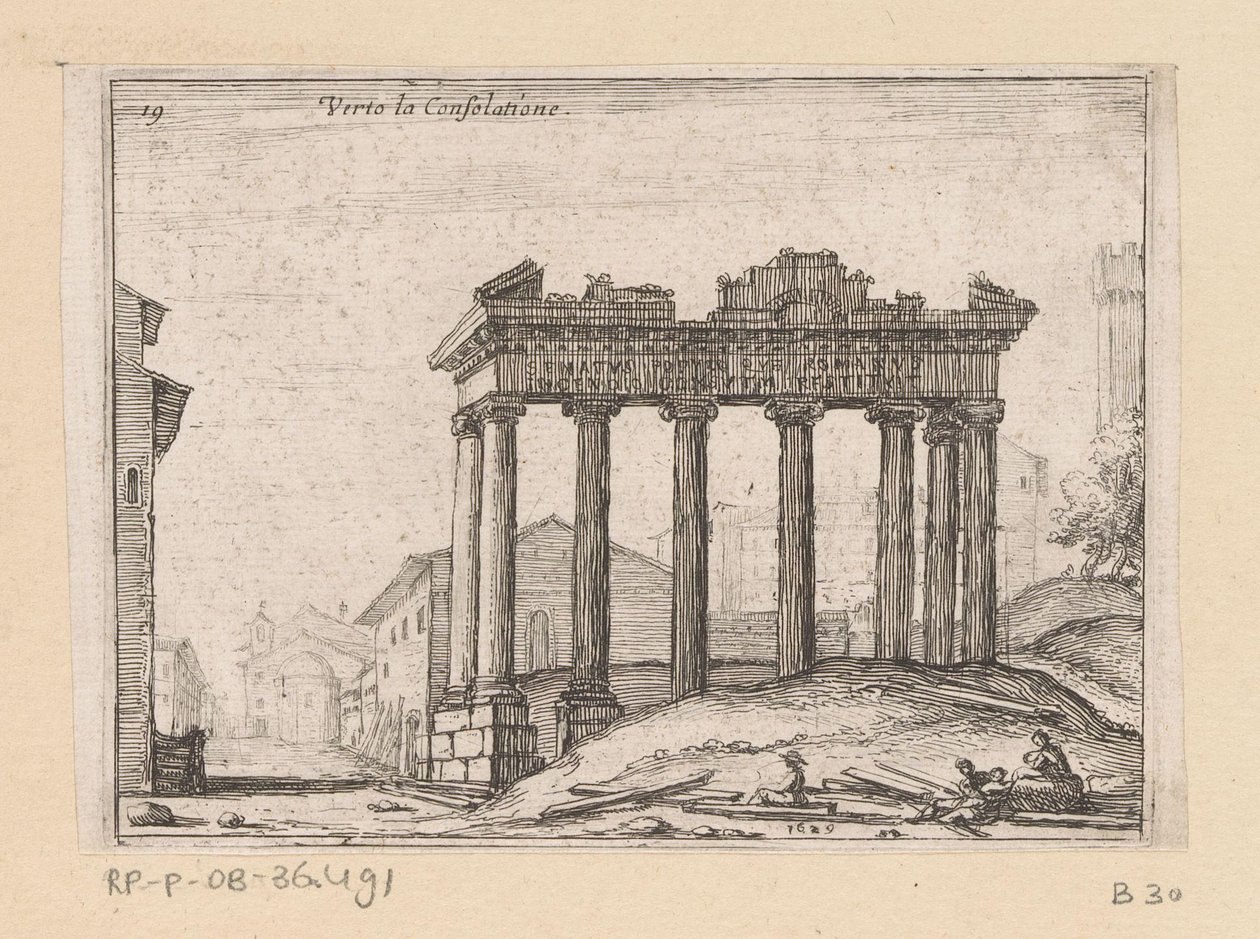 Rester av Saturnustemplet i Forum Romanum i Rom Verto la Consolatione (titel på objekt) Utsikt över Rom (serietitel) Alcune vedute et prospettive di luoghi dishabitati di Roma (serietitel) av Giovanni Battista Mercati