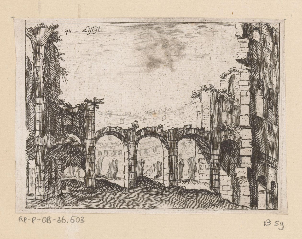Rester av Colosseum i Rom Listesso (titel på objekt) Utsikt över Rom (serietitel) Alcune vedute et prospettive di luoghi dishabitati di Roma (serietitel) av Giovanni Battista Mercati