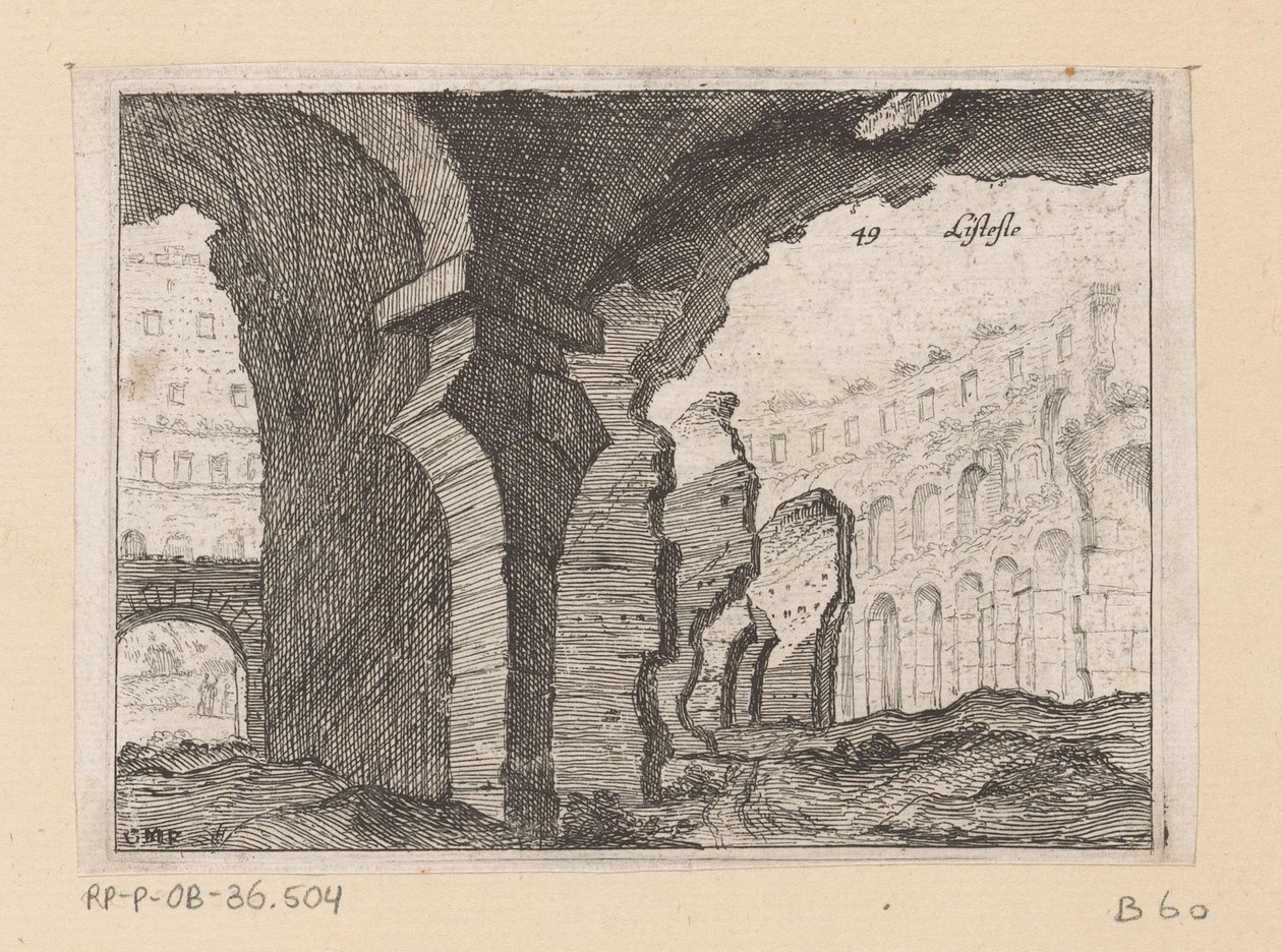 Rester av Colosseum i Rom Listesso (titel på objekt) Utsikt över Rom (serietitel) Alcune vedute et prospettive di luoghi dishabitati di Roma (serietitel) av Giovanni Battista Mercati