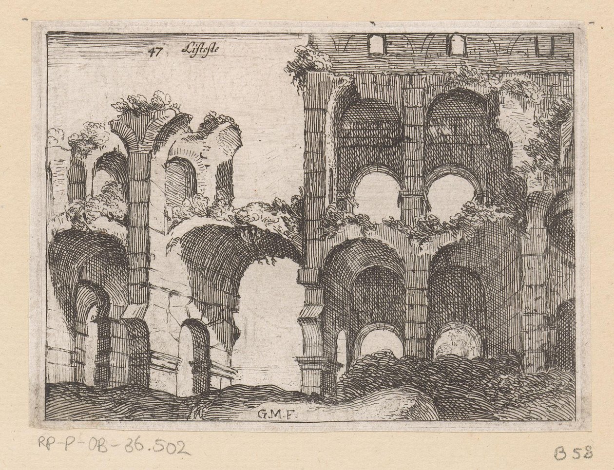 Rester av Colosseum i Rom Listesso (titel på objekt) Utsikt över Rom (serietitel) Alcune vedute et prospettive di luoghi dishabitati di Roma (serietitel) av Giovanni Battista Mercati