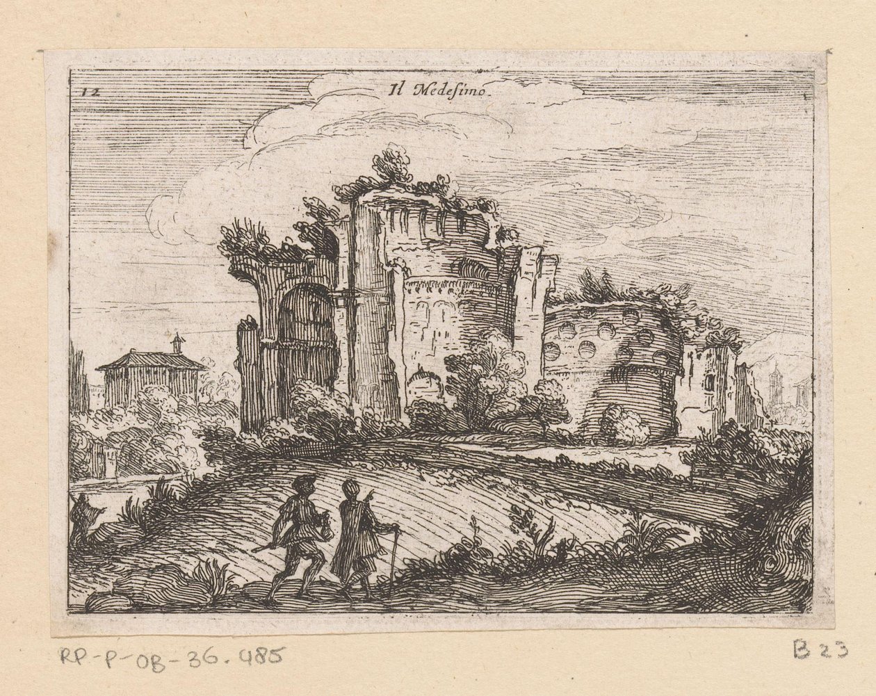 Ruin i ett landskap Il Medesino (titel på objekt) Utsikt över Rom (serietitel) Alcune vedute et prospettive di luoghi dishabitati di Roma (serietitel) av Giovanni Battista Mercati
