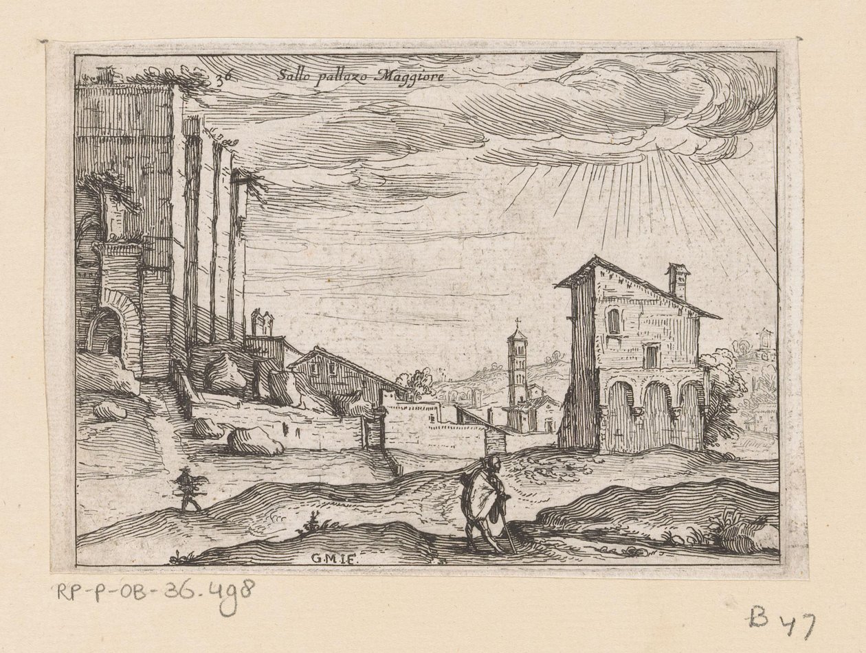 Ruinerna av Palazzo Maggiore i Rom och byggnader i närheten Sallo pallazo Maggiore (titel på objekt) Utsikt över Rom (serietitel) Alcune vedute et prospettive di luoghi dishabitati di Roma (serietitel) av Giovanni Battista Mercati