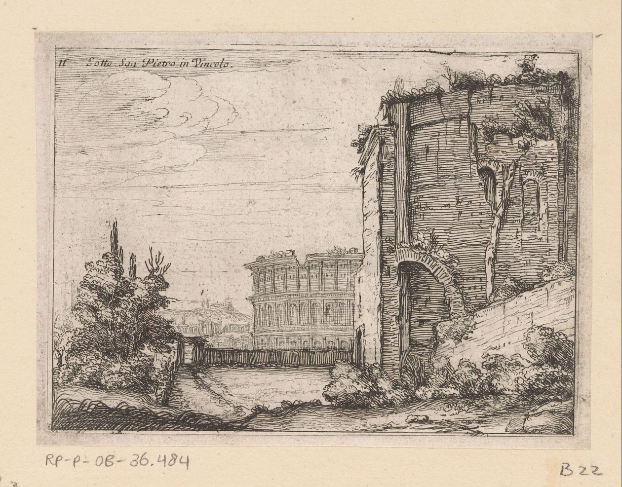 Ruinerna av antik byggnad och Colosseum i Rom Sotto San Pietro in Vincolo (titel på objekt) Utsikt över Rom (serietitel) Alcune vedute et prospettive di luoghi dishabitati di Roma (serietitel) av Giovanni Battista Mercati