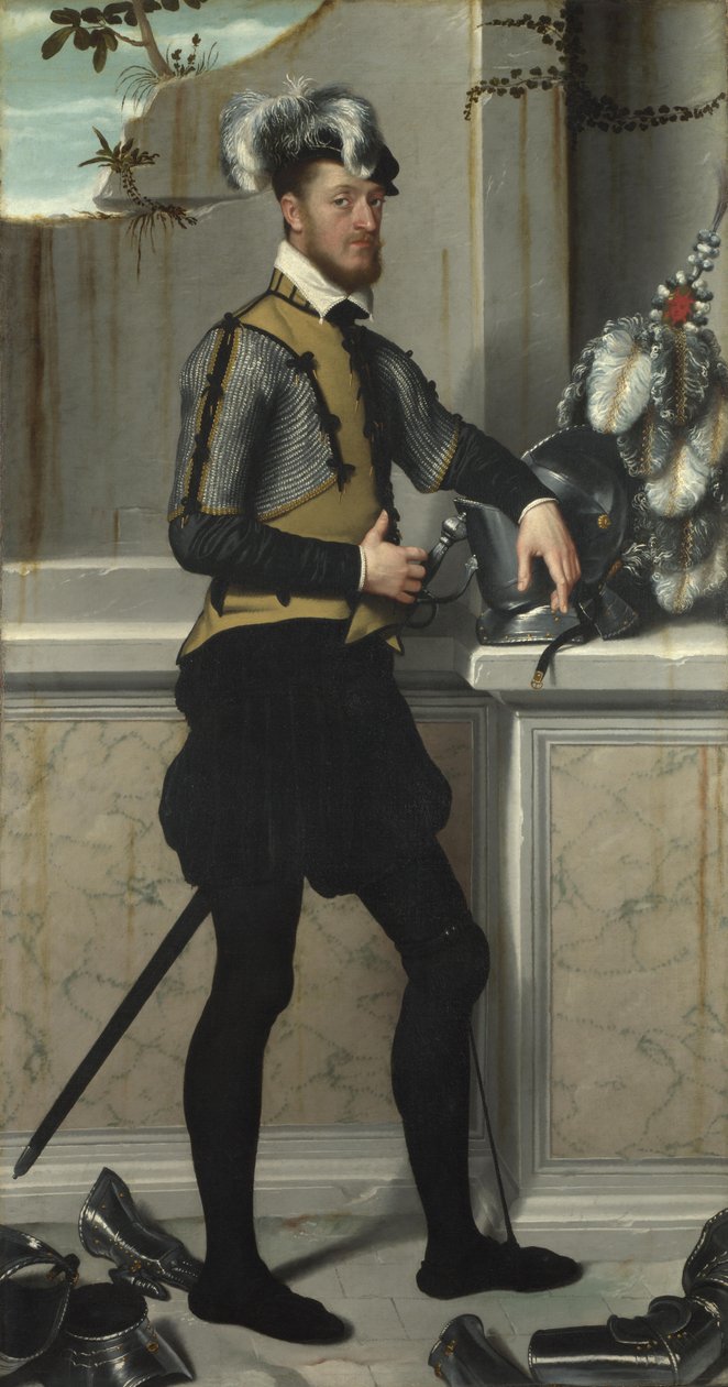 En riddare med sin tornerspelshjälm Riddaren med den sårade foten, greve Faustino Avogadro, ca 1554 av Giovanni Battista Moroni