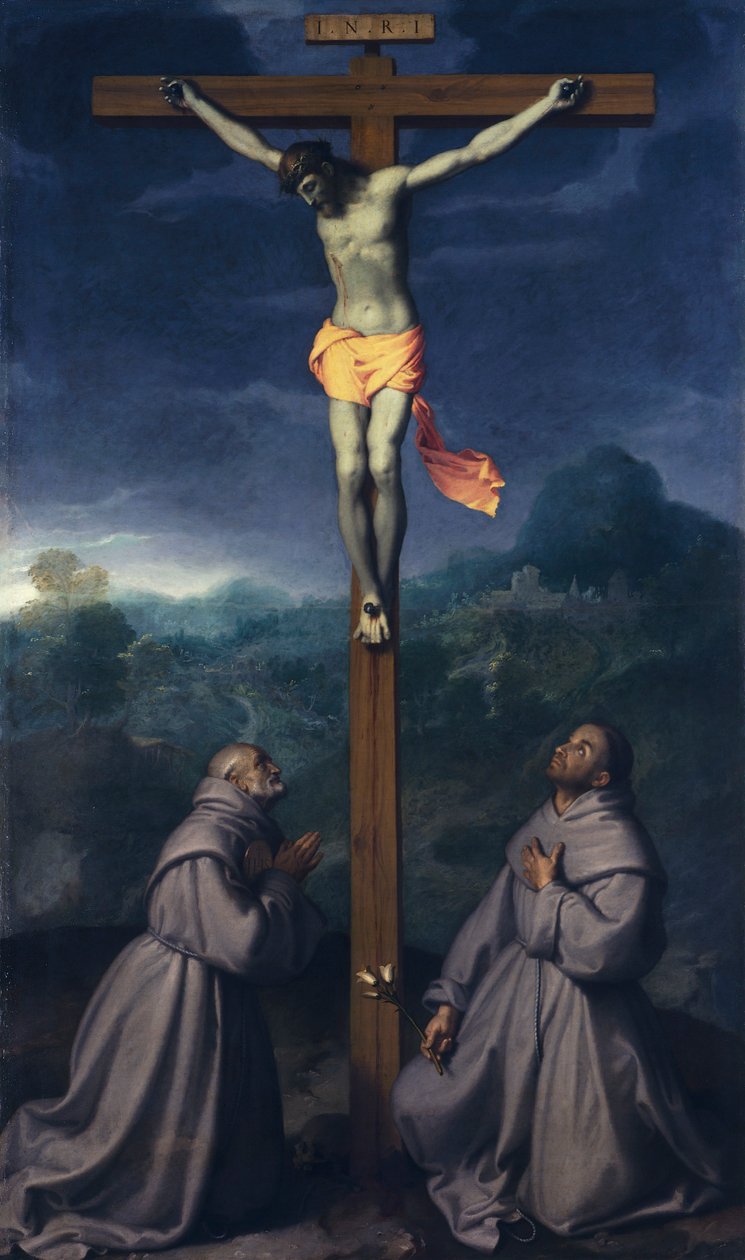 Korsfästelse med heliga Bernardino och Antonius av Padua, av Giovanni Battista Moroni (1525 ca- 1578), olja på duk, 226x133 cm, San Giuliano-kyrkan, Albino av Giovanni Battista Moroni