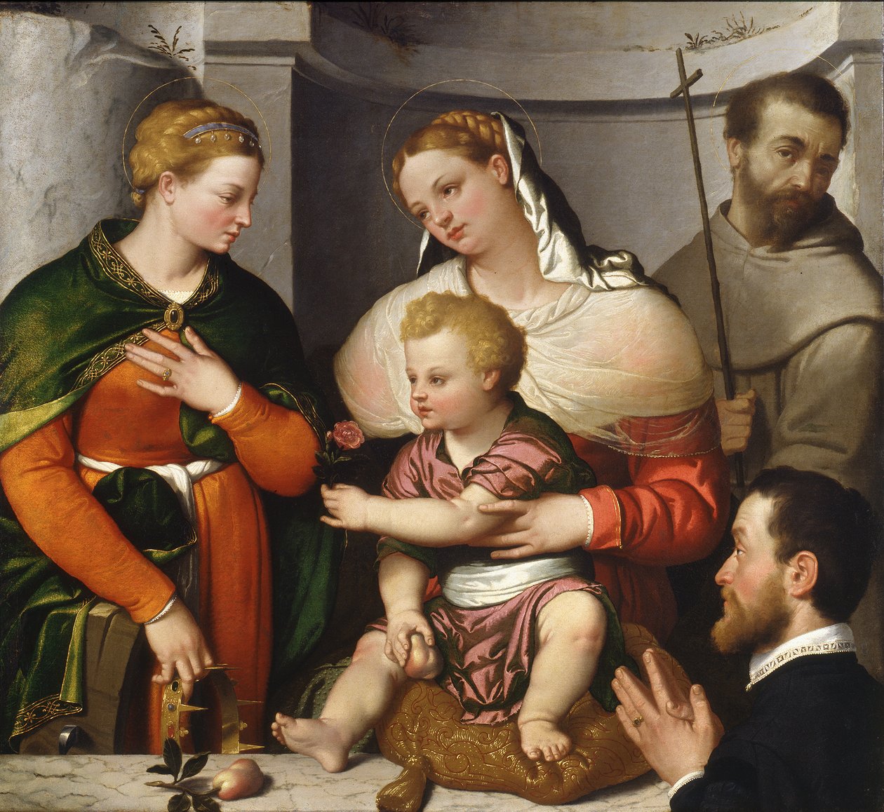 Madonna och barn med St. Catherine, St. Francis and the Donor, c.1550 (olja på duk) av Giovanni Battista Moroni