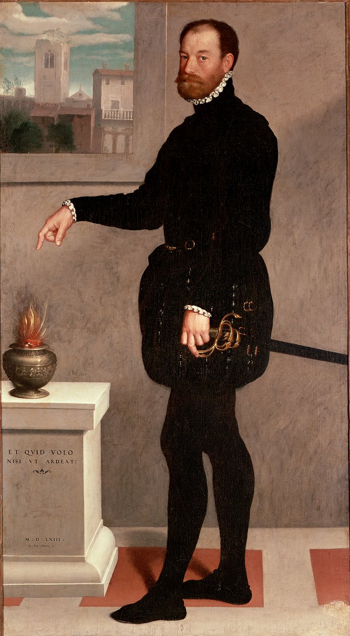 Porträtt av greve Pietro Secco-Suardi Målning av Giovan Battista Moroni (Giovanbattista, Giovanni Battista) (ca 1529-1578) 1563 sön 182x102 cm Florens, Uffizierna (Uffizi) av Giovanni Battista Moroni