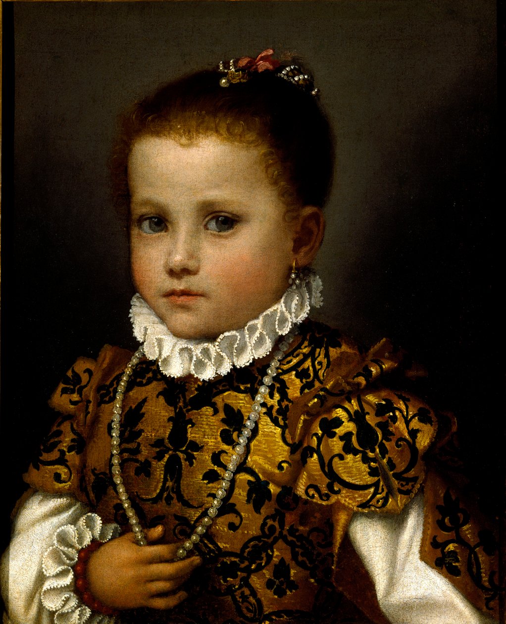 Porträtt av en liten flicka En liten flicka rikt klädd i en brokadklänning, hon bär ett pärlhalsband och en jordgubbskrage. Målning av Giovan Battista Moroni (cirka 1529-1578) av Giovanni Battista Moroni