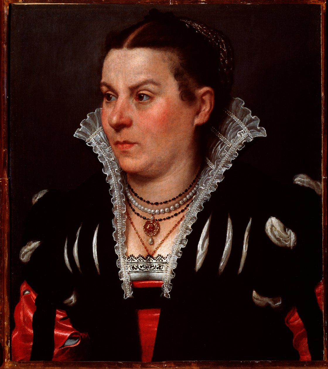 Porträtt av en rik dam - olja på duk av Giovanni Battista Moroni