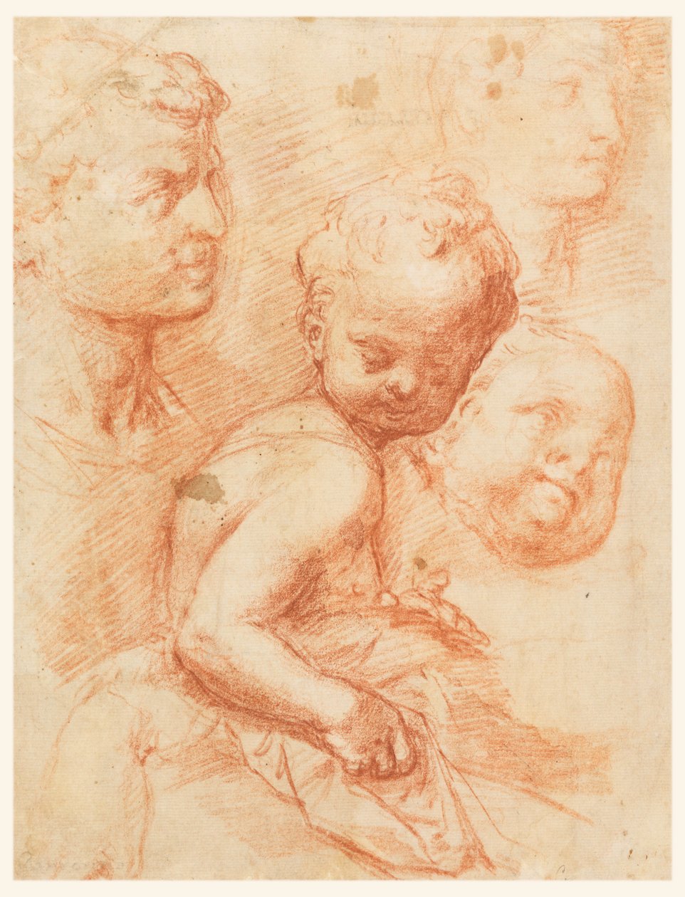 Teckning, Studie av mans-, kvinno- och barnhuvuden, sittande barn, ca 1570 av Giovanni Battista Naldini