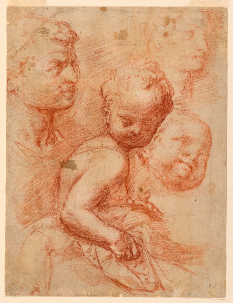 Teckning, Studie av mans-, kvinno- och barnhuvuden, sittande barn, ca 1570 av Giovanni Battista Naldini