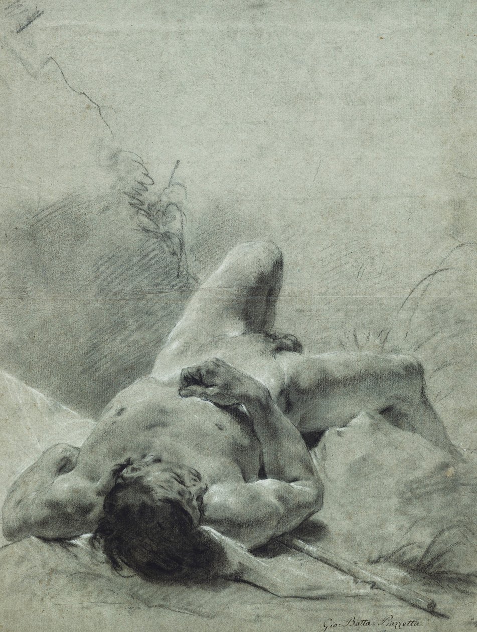 En naken ungdom utsträckt på hans rygg, på en bank, liggande på en standard, av Giovanni Battista Piazzetta